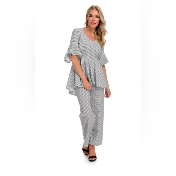 Marc Bouwer Gingham Flutter Sleeve V Neck A Line Blouse/Pant Set Sz M Top/S Pant - Picture 1 of 10
